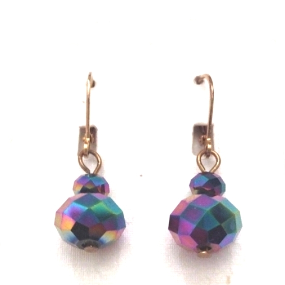 VINTAGE HAND-CUT RAINBOW FACETED CRYSTAL BEADED GOLD-TONE LEVERBACK EARRINGS-NWT - Picture 5 of 7